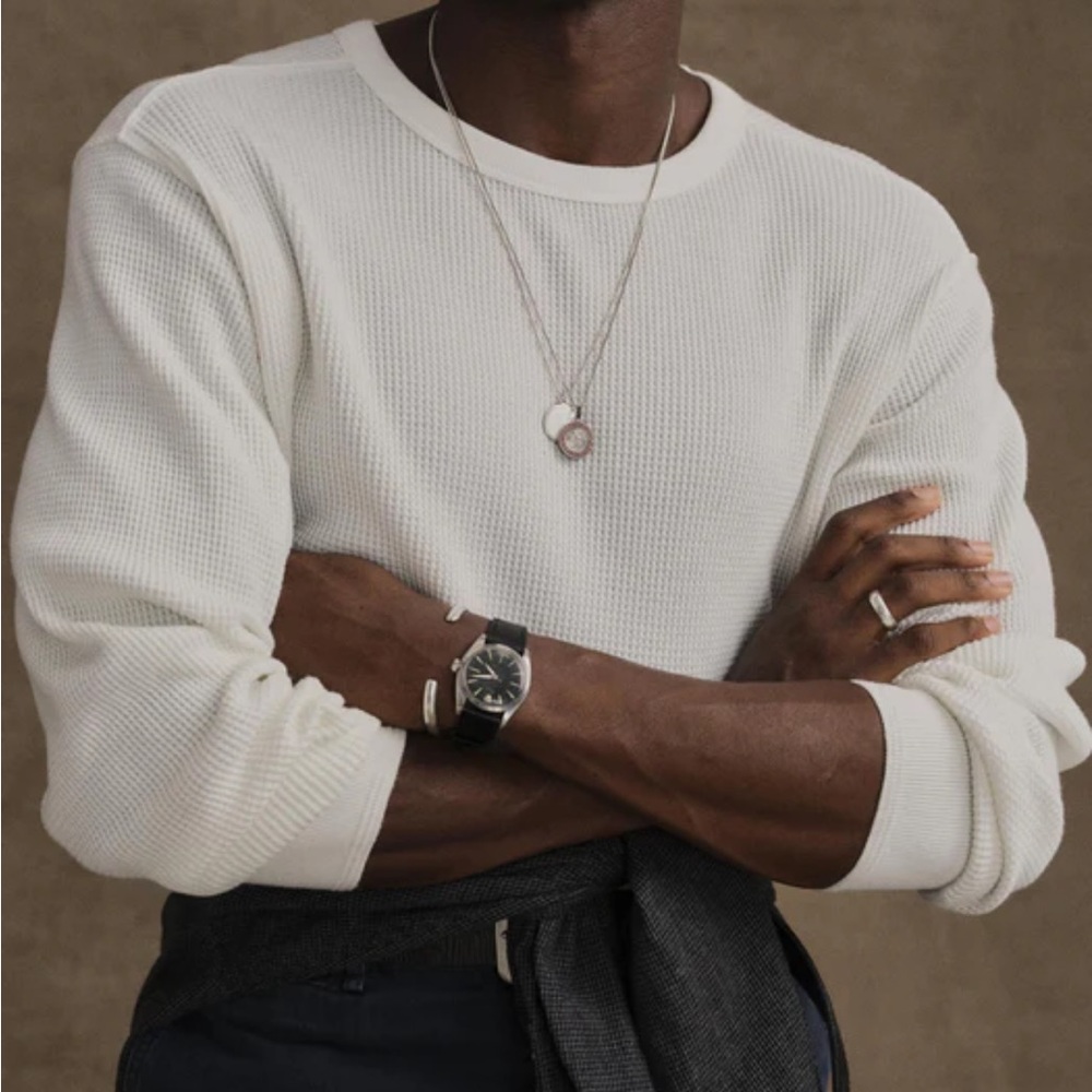 Buck Mason Toughknit Thermal Long Sleeve Crew shirt.